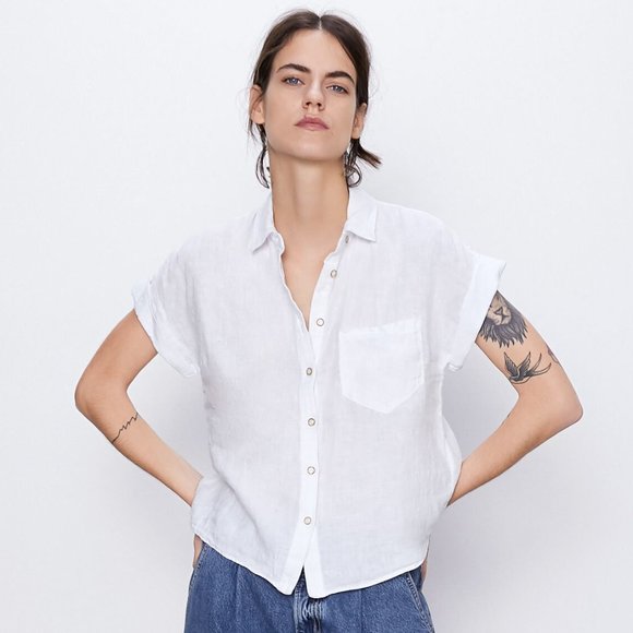 ZARA BUTTON FRONT 100% LINEN WHITE BUTTON DOWN SHIRT - Picture 5 of 8